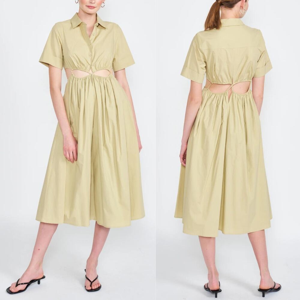 Emory Park NEW Zoie Green Cutout Button Up Poplin Collared Midi Shirt Dress